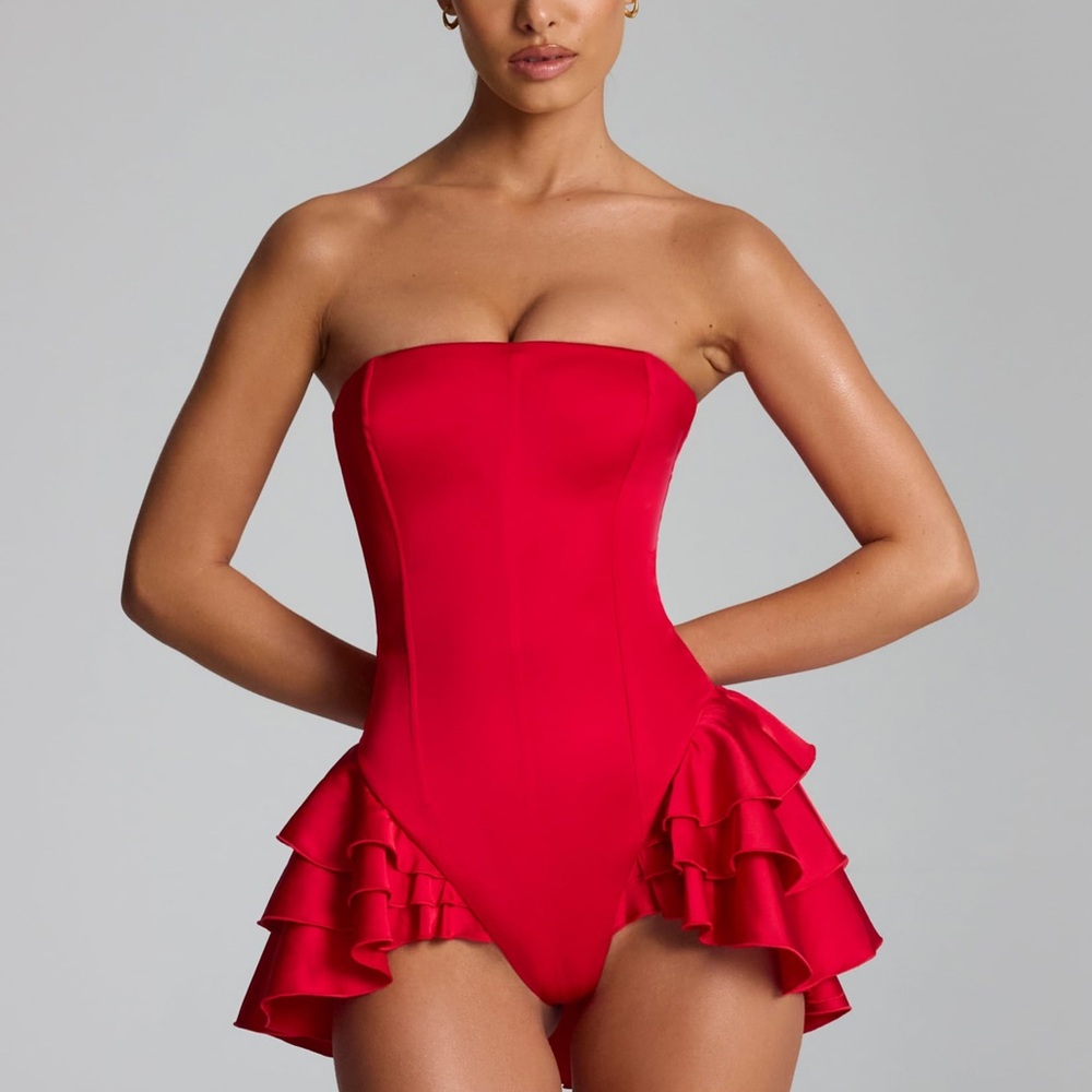 Oh Polly Priaska
Ruffled Lace-Up Corset Playsuit in Fire Red